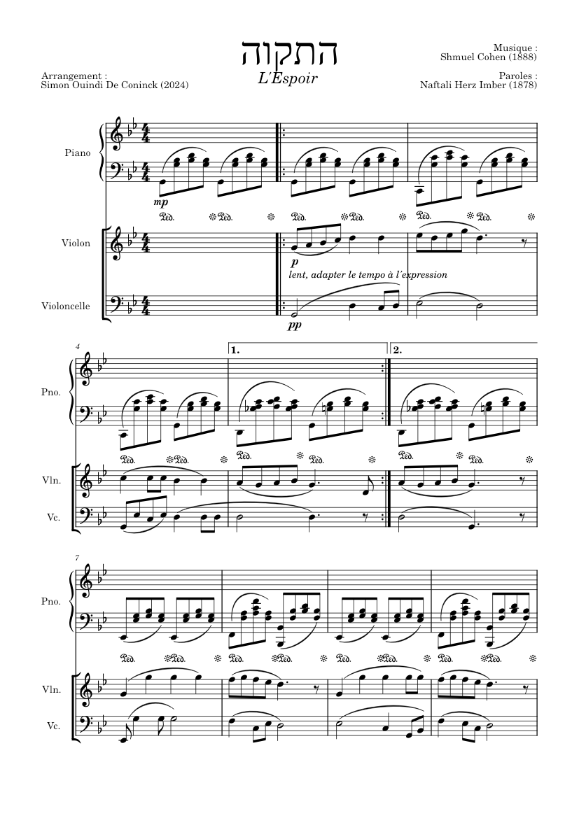 Hatikvah – Samuel Cohen Hatikvah - Piano, Violin &amp; Cello Sheet music ...
