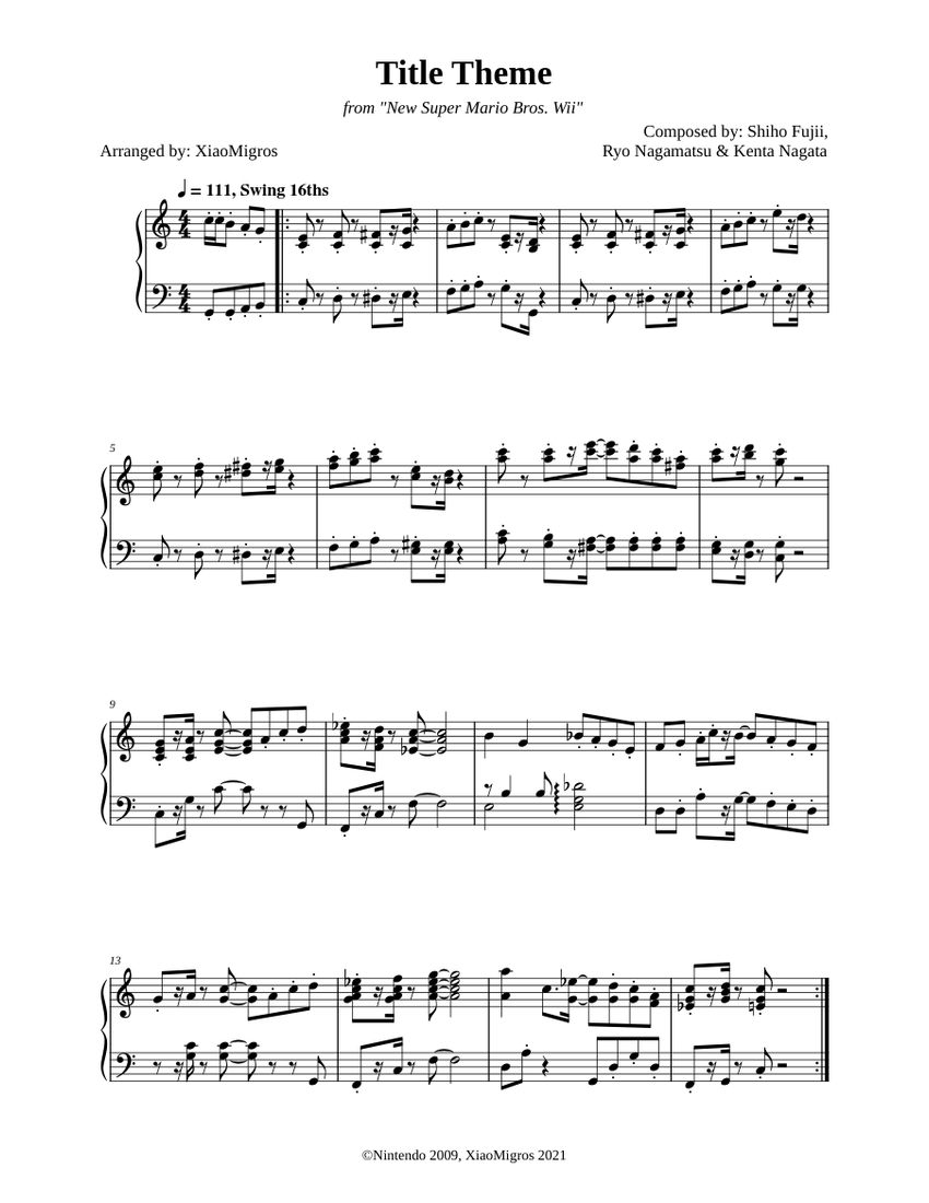 Title Theme - New Super Mario Bros. Wii Sheet music for Piano (Solo) |  Musescore.com