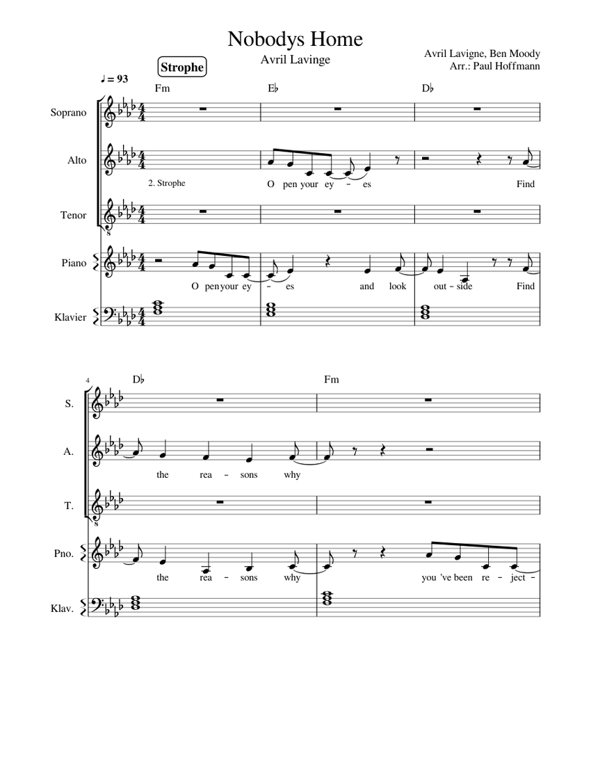 Nobodys Home Avril Lavinge SAT and Solo Sheet music for Piano