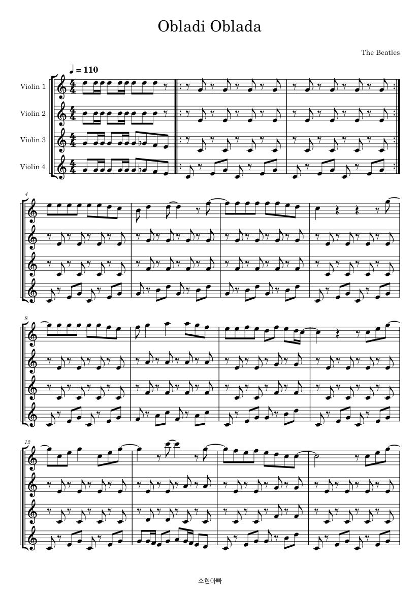 Obladi, Oblada – The Beatles 楽譜 バイオリン (弦楽四重奏