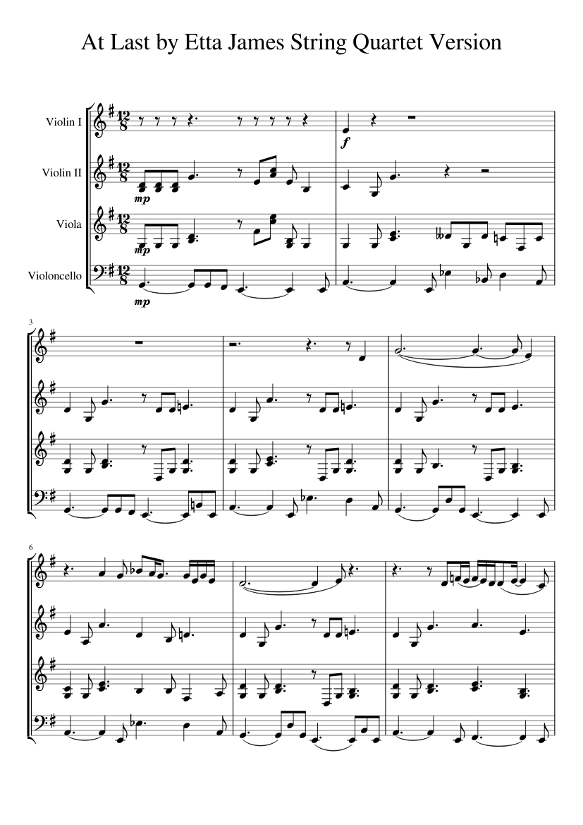 At Last Chart At Last by Etta James String Quartet Version Sheet Music for Violin ...