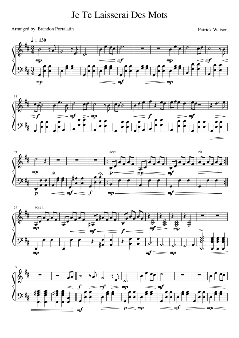 Je Te Laisserai Des Mots Piano Je Te Laisserai Des Mots Marimba - Patrick Watson/Brandon Portalatin Sheet music for Marimba