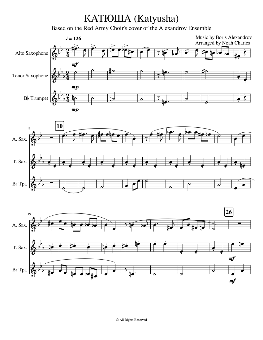КАТЮШA (Katyusha) Sheet music for Saxophone alto, Saxophone tenor, Trumpet  in b-flat (Mixed Trio) | Musescore.com