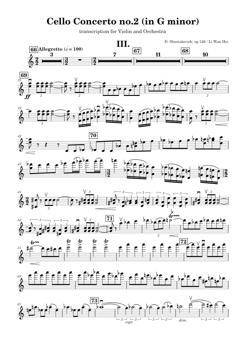 Shostakovich - Cello Concerto No.2 (III. Transcription for Violin Sheet music for Violin (Solo) | Musescore.com