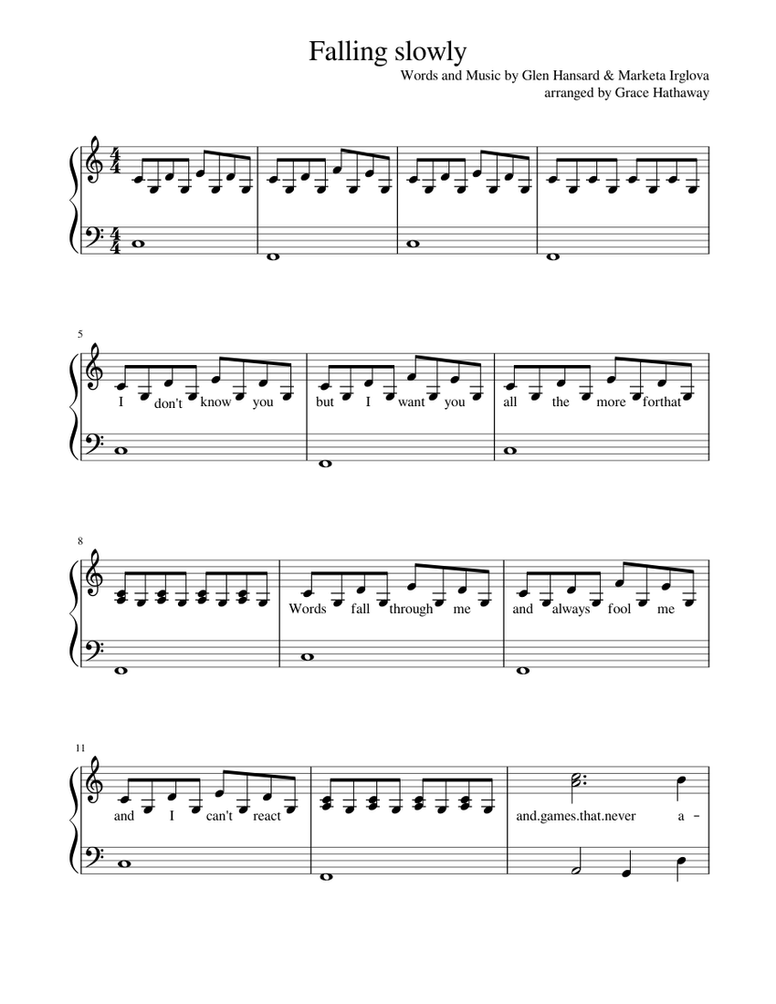 Falling slowly by Glen Hansard & Marketa Irglova Sheet music for Piano  (Solo) | Musescore.com