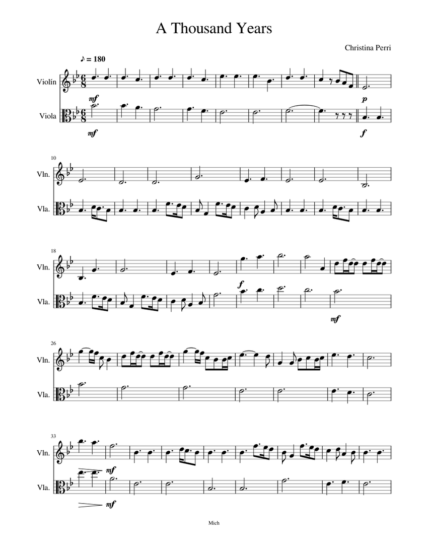 A Thousand Years Sheet music for Violin, Viola (String Duet) | Musescore.com