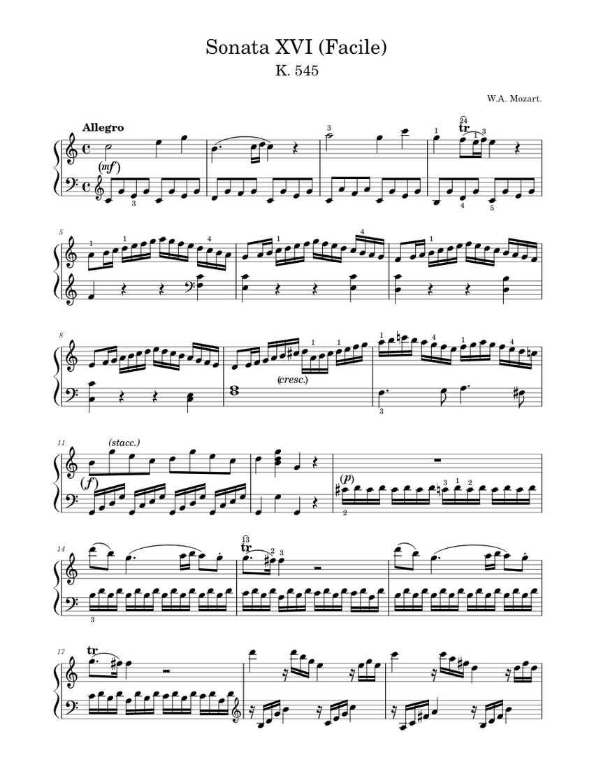 Sonata No. 16, “Facile” 1st Movement K. 545 Sheet music for Piano (Solo) |  Musescore.com