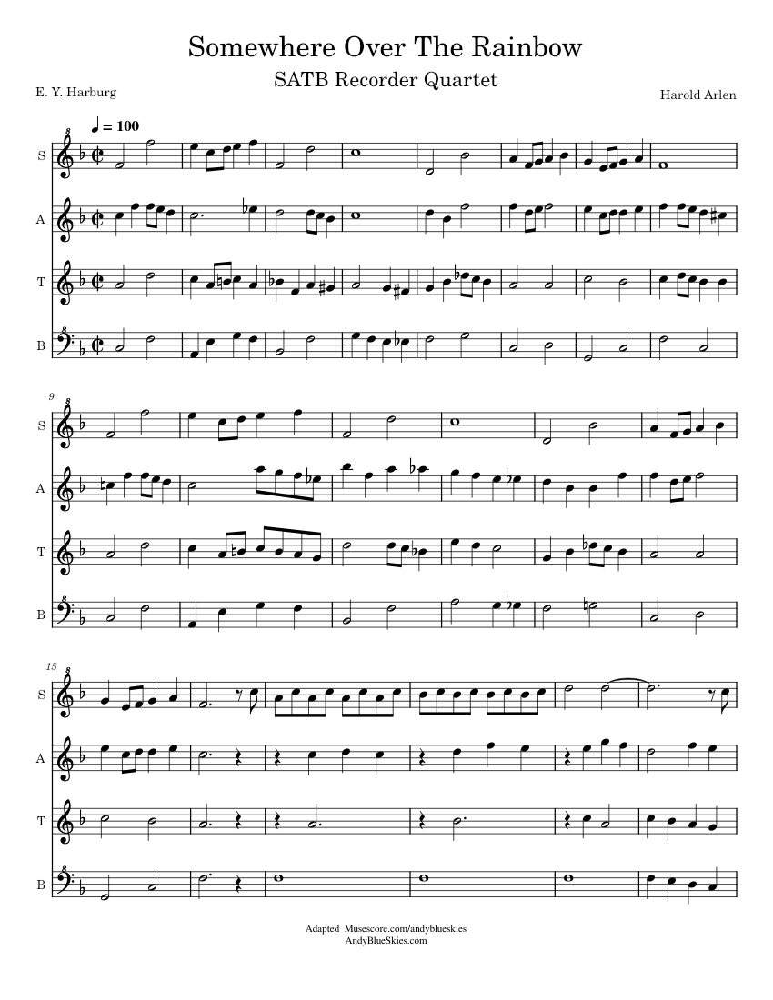Somewhere Over The Rainbow – SATB Recorder Quartet Sheet music for Recorder (Woodwind Quartet ...