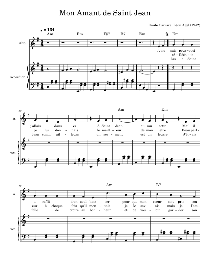 Mon amant de Saint-Jean - Émile Carrara Sheet music for Alto, Accordion  (Mixed Duet) | Musescore.com