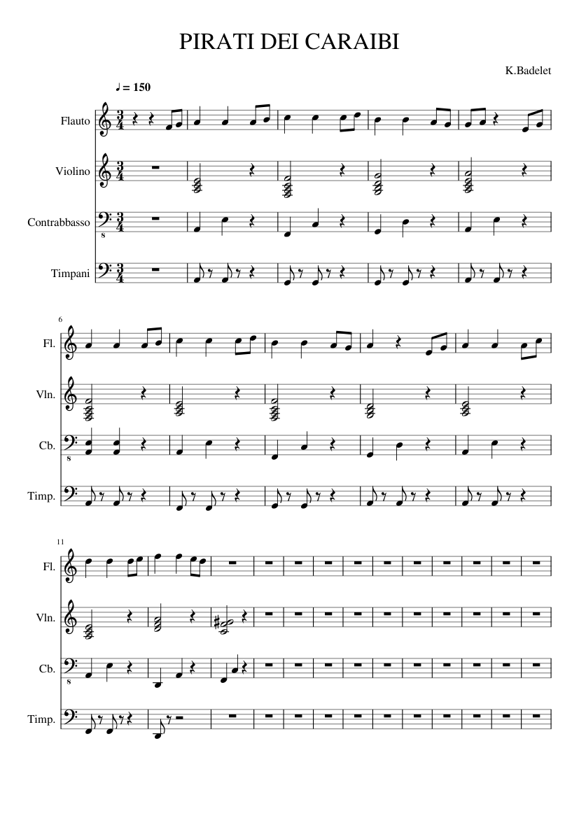 PIRATI DEI CARAIBI Sheet music for Flute, Contrabass, Timpani, Violin  (Mixed Quartet) | Musescore.com