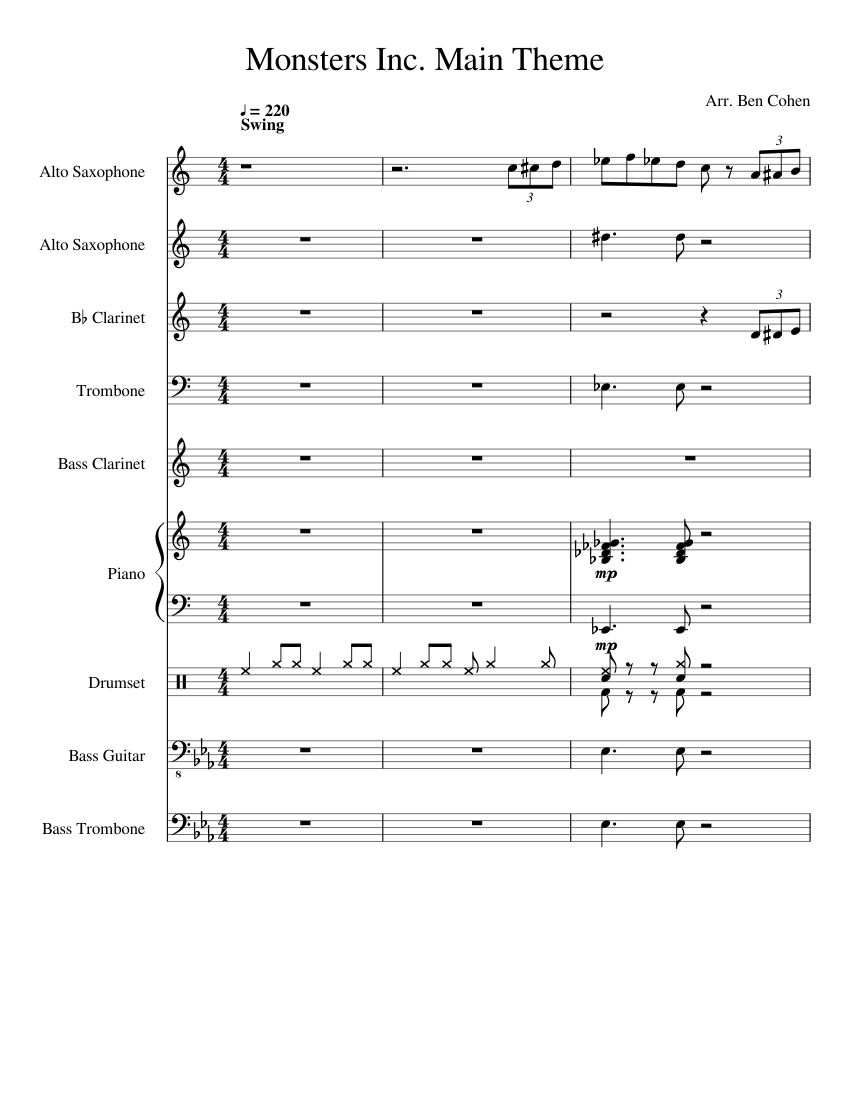 Monsters Inc Main Theme Sheet Music For Piano Trombone Trombone Bass Clarinet In B Flat 