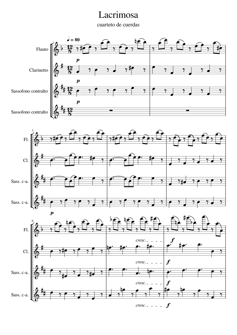 Mozart_Lacrimosa_woodwinds Sheet music for Flute, Saxophone alto