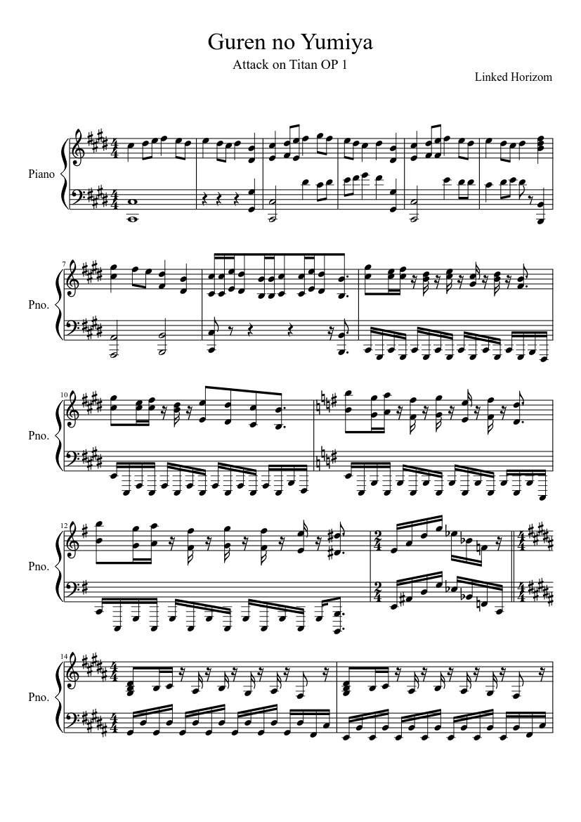 Guren no Yumiya full version Sheet music for Piano (Solo) | Musescore.com