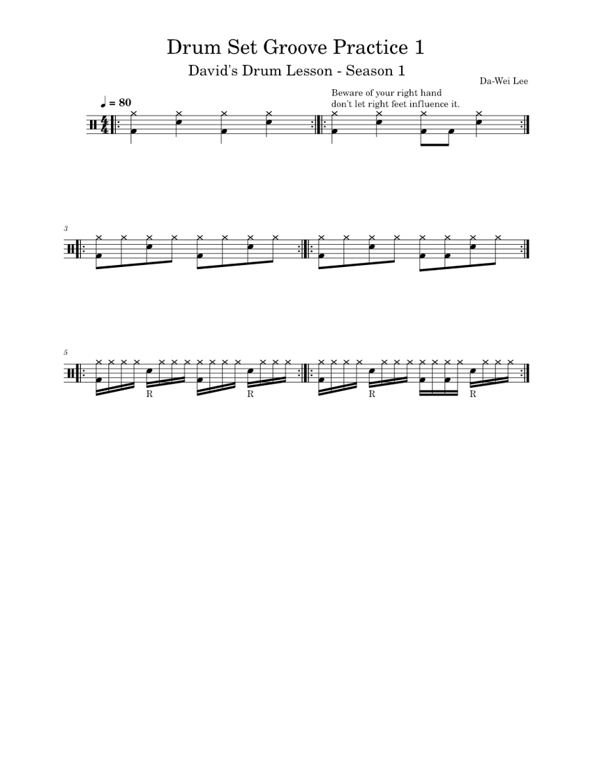 David's Drum Lesson - Drum Set Groove Practice 1 Sheet music for Drum ...
