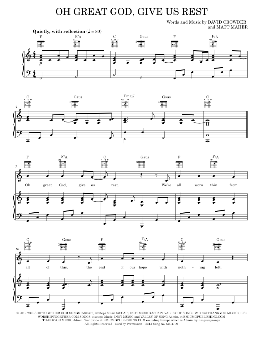 Play Official version of Oh great god give us rest sheet music by David Crowder*Band for Piano ...