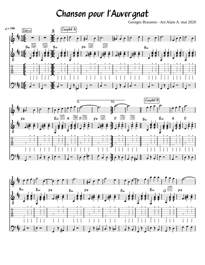 Chanson pour l'Auvergnat - Geaorges Brassens Sheet music for Piano, Guitar,  Bass guitar (Mixed Quartet) | Musescore.com