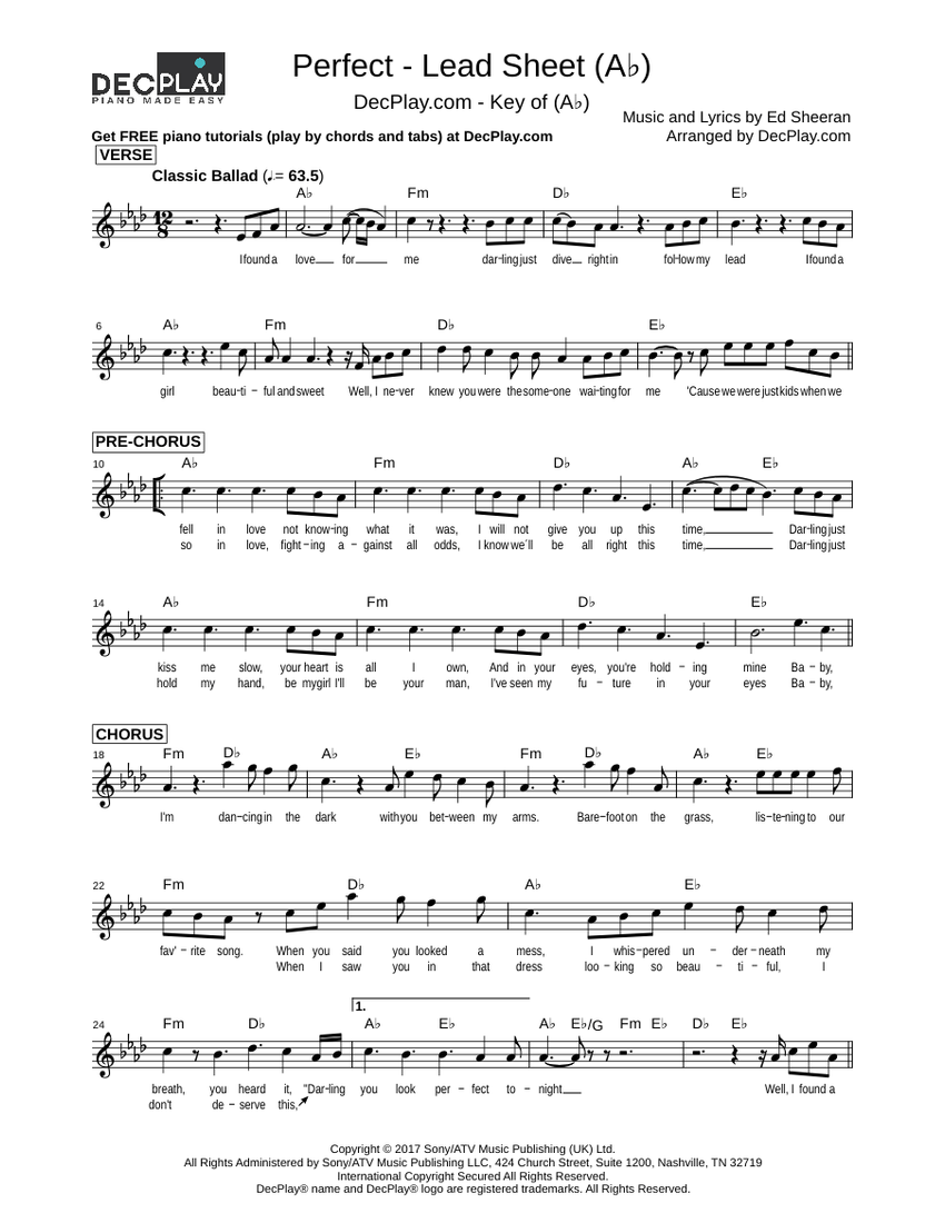 Perfect - Lead Sheet (Ab) / guitar / vocals - Ed Sheeran Sheet music for Piano (Solo) | Musescore.com