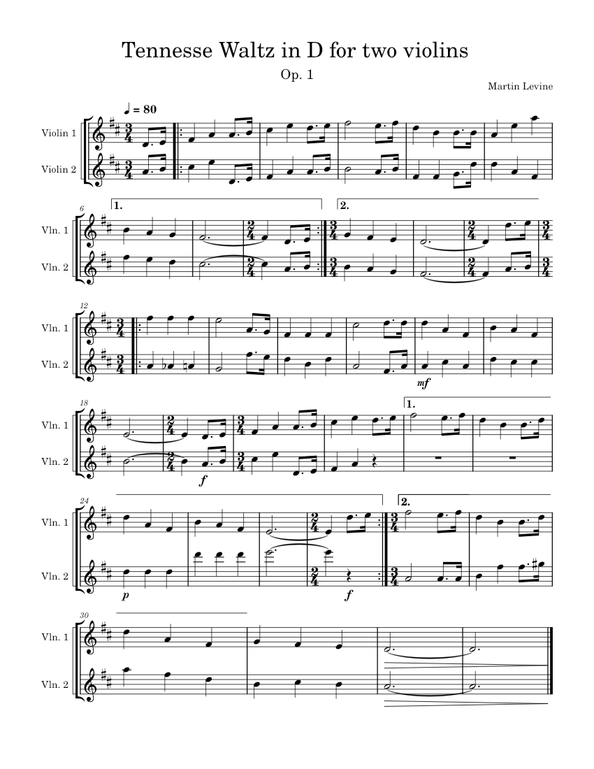 Tennesse Waltz in D for two violins Sheet music for Violin (String Duet ...