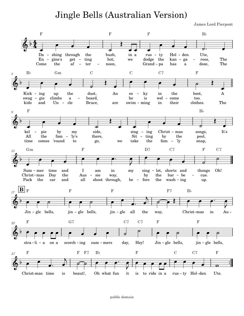 Jingle Bells James Pierpont Australian Version (Lead Sheet Melody