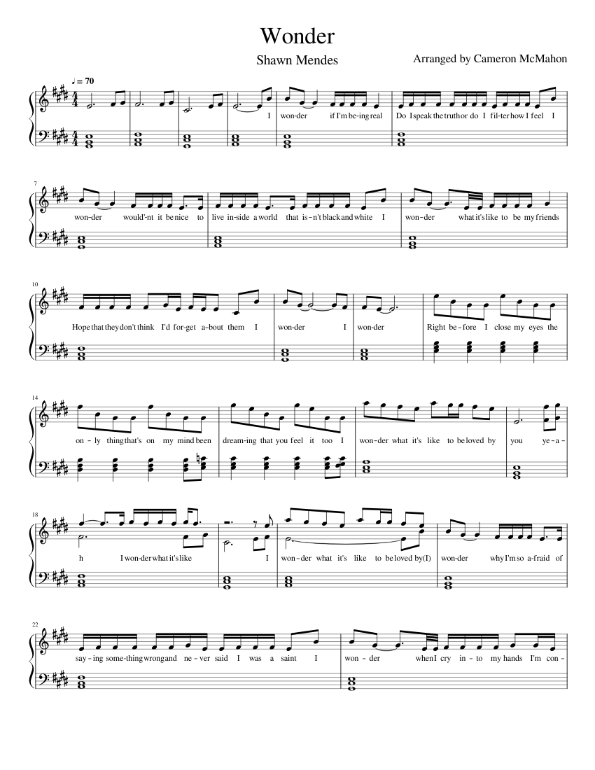 Wonder Piano Solo with Lyrics Shawn Mendes Sheet music for Piano