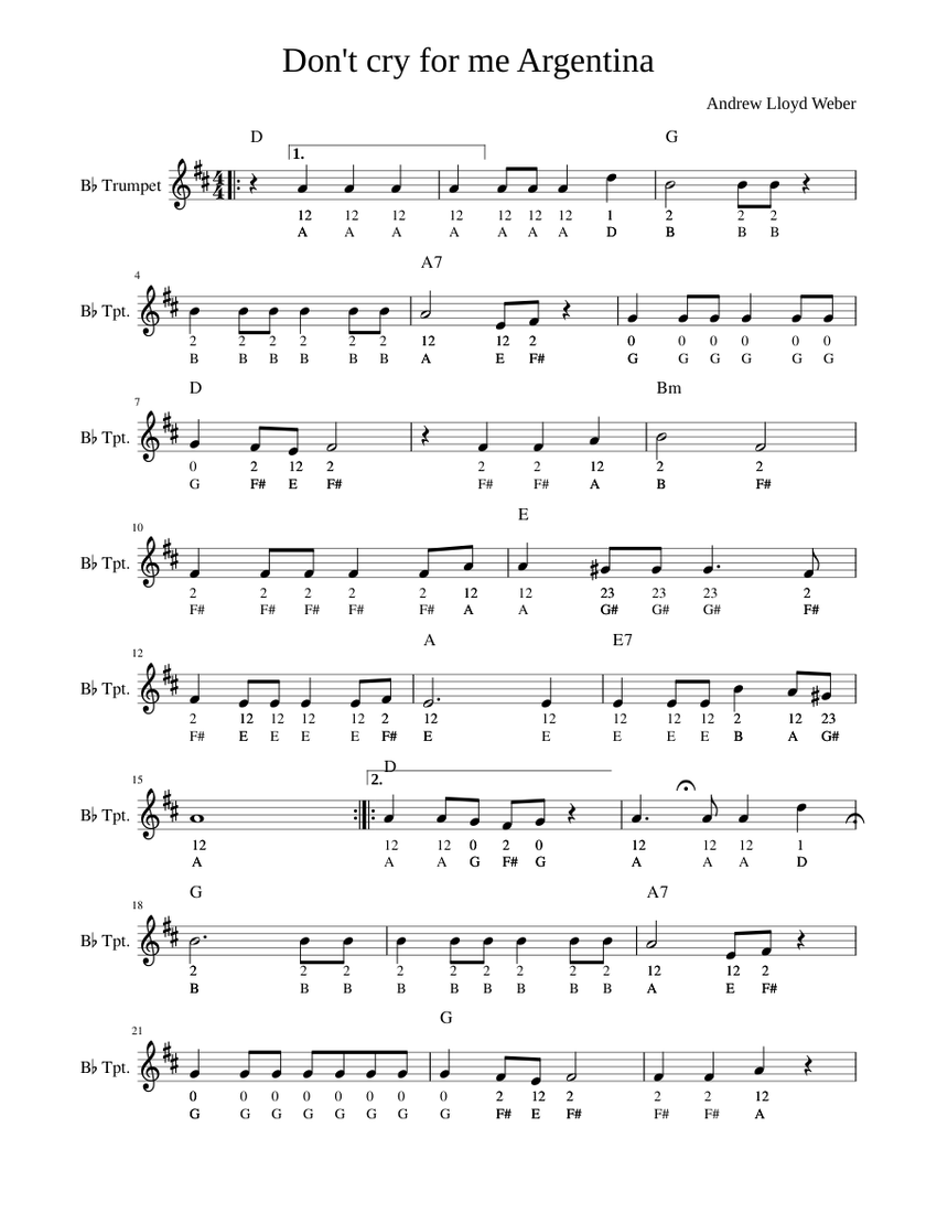 Don T Cry For Me Argentina Trumpet Sheet Music For Trumpet In B Flat Solo Download And Print In Pdf Or Midi Free Sheet Music For Don T Cry For Me Argentina