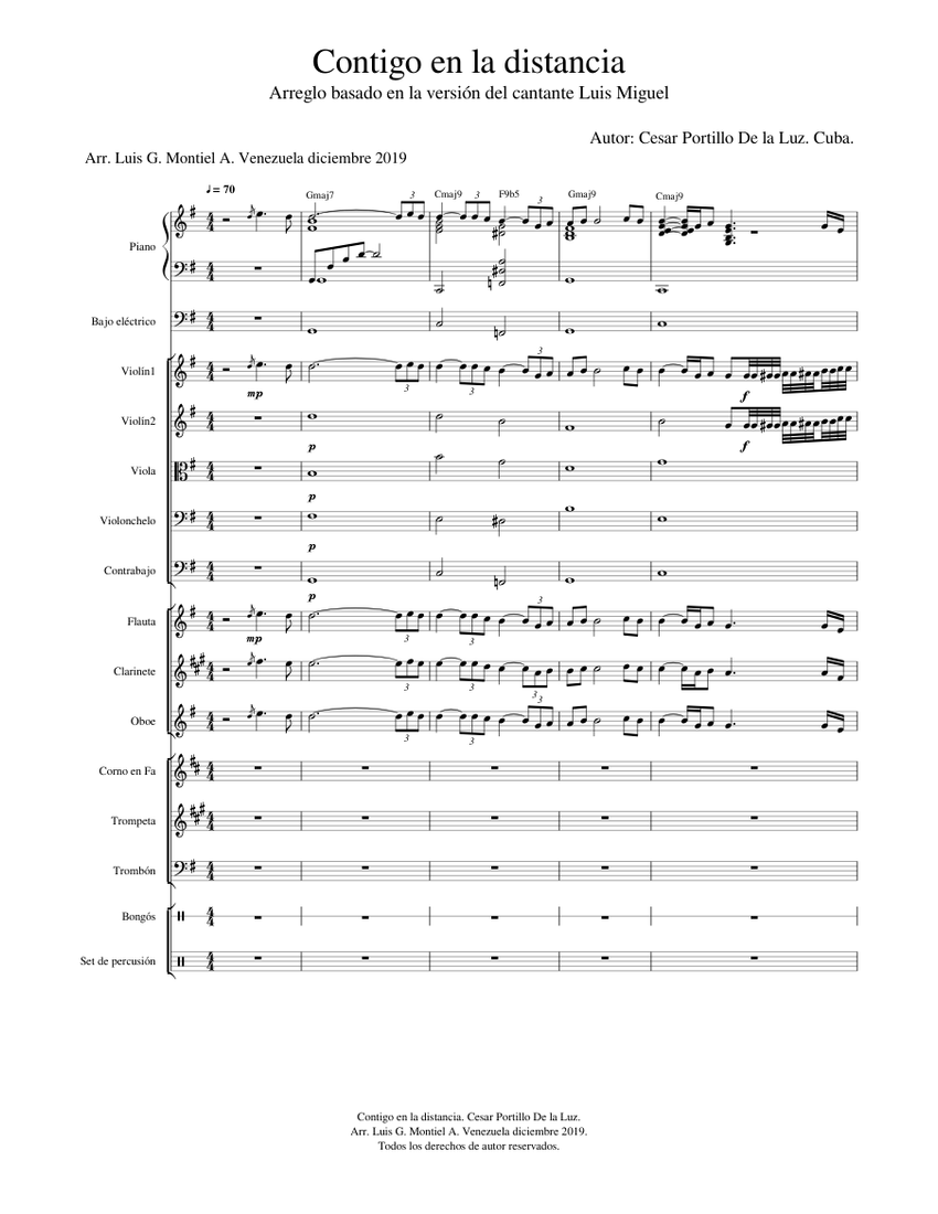 Contigo en la distancia. Cesar Portillo De la Luz Sheet music for Piano,  Trombone, Flute, Oboe & more instruments (Mixed Ensemble) | Musescore.com