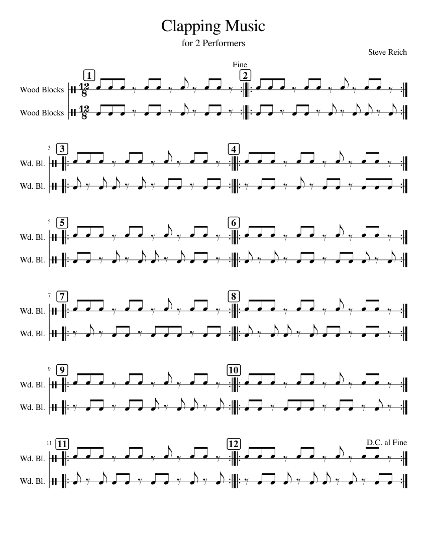 Clapping Music – Steve Reich Sheet Music for Drum group (Percussion ...