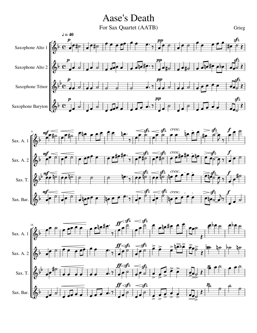 Aases Death Grieg Sax quartet AATB Sheet music for Saxophone alto