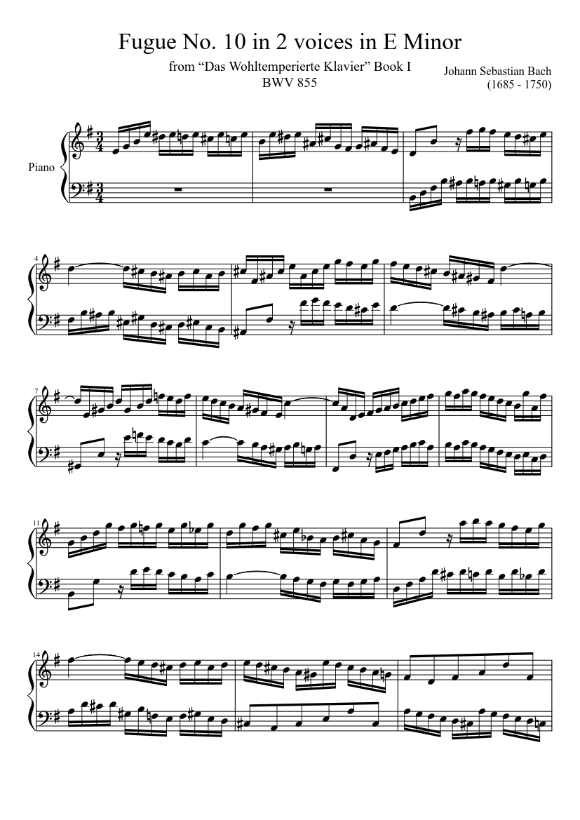 orchestra Intimate painful Fugue No. 10 BWV 855 in E Minor Sheet music for Piano (Solo) | Musescore.com