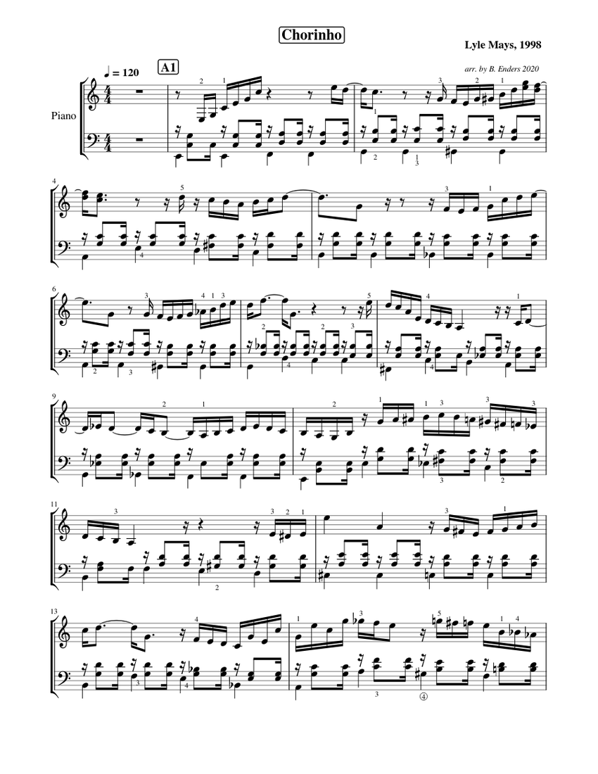 Lyle Mays, Chorinho, arr. for SoloPiano Sheet music for Piano (Solo