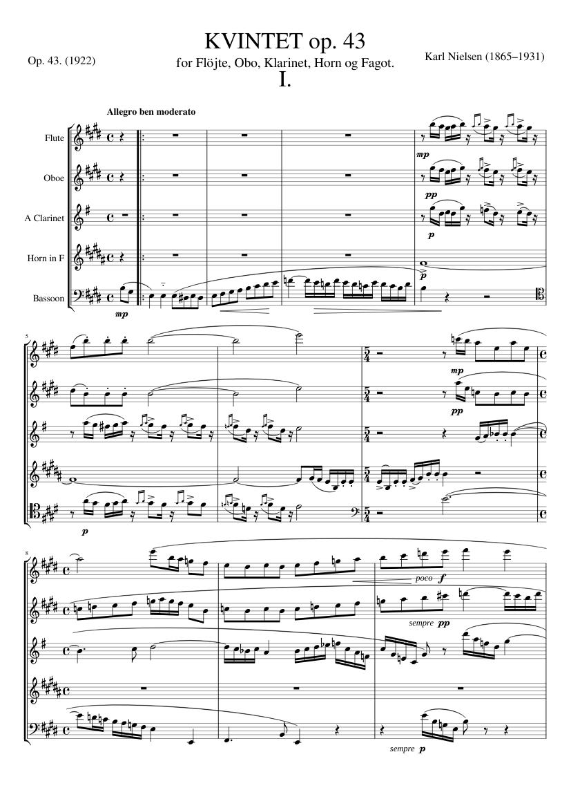 Quintet for Flute Oboe Clarinet French Horn and Bassoon Op. 43