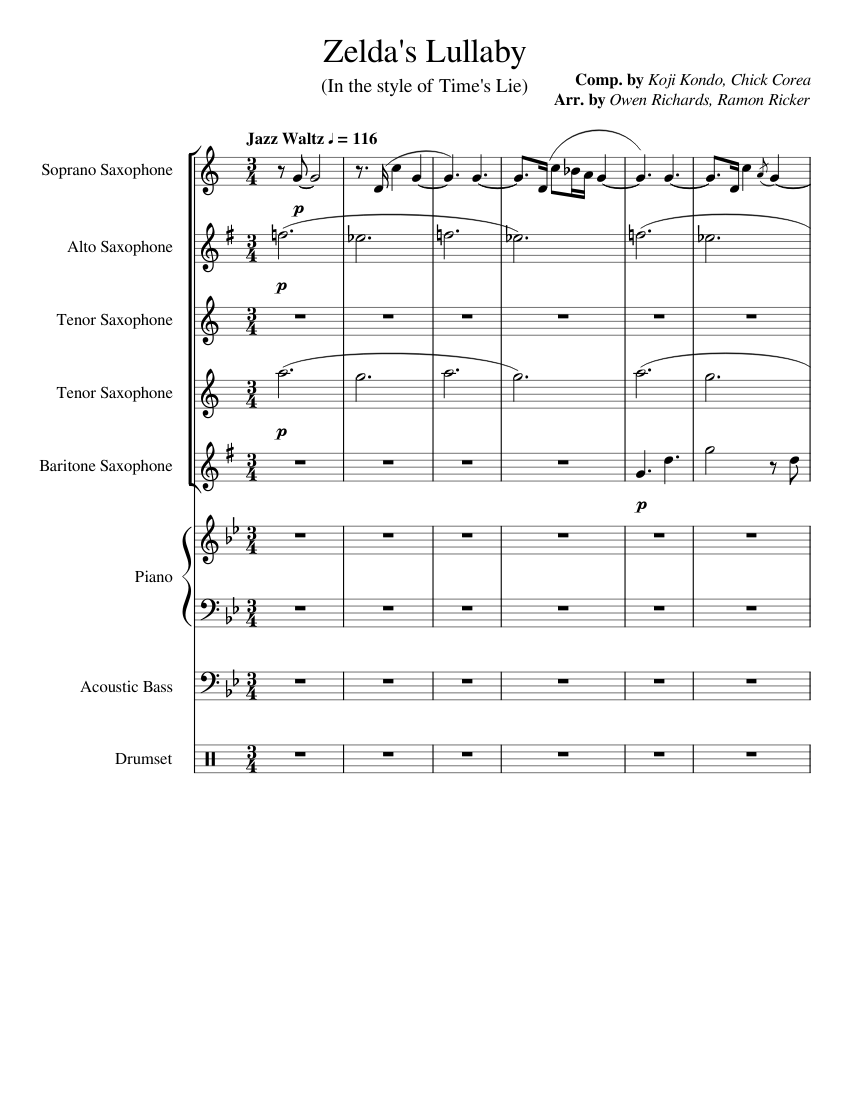 Zelda's Lullaby (Jazz) Sheet music for Piano, Saxophone alto, Saxophone ...