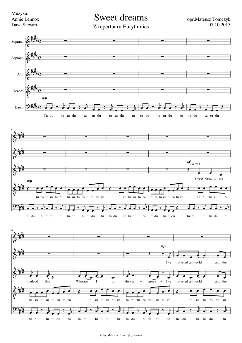Sweet dreams - Eurythmics SSATB Choir Sheet music for Soprano, Alto, Tenor,  Bass voice (Choral) | Musescore.com
