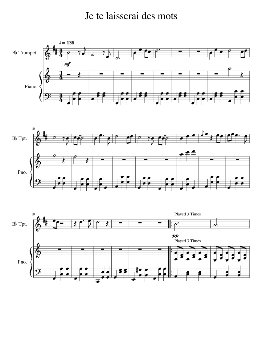 Je Te Laisserai Des Mots Piano Je_te_laisserai_des_mots Sheet music for Piano, Trumpet (In B Flat) (Solo) | Download and print