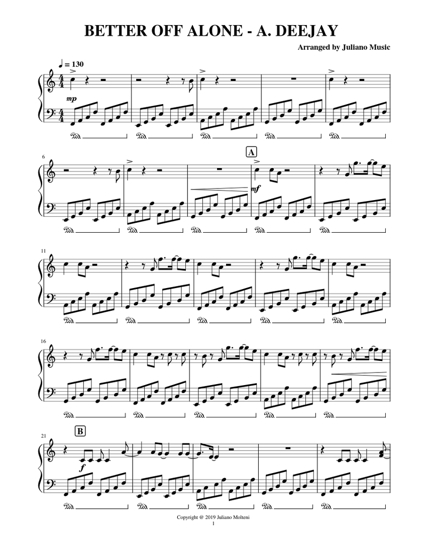 BETTER OFF ALONE (EASY PIANO) - ALICE DEEJAY Sheet music for Piano (Solo) |  Musescore.com