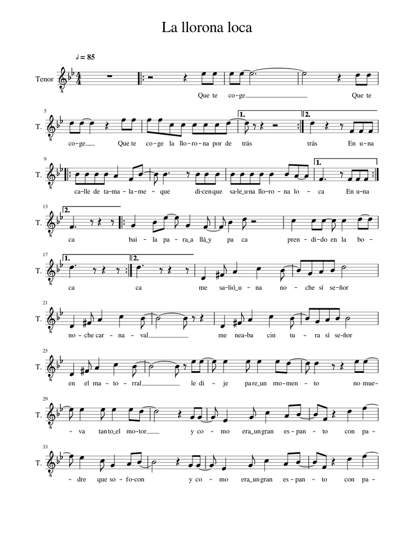 La Llorona Tenor 1 Sheet Music For Piano Solo Musescore