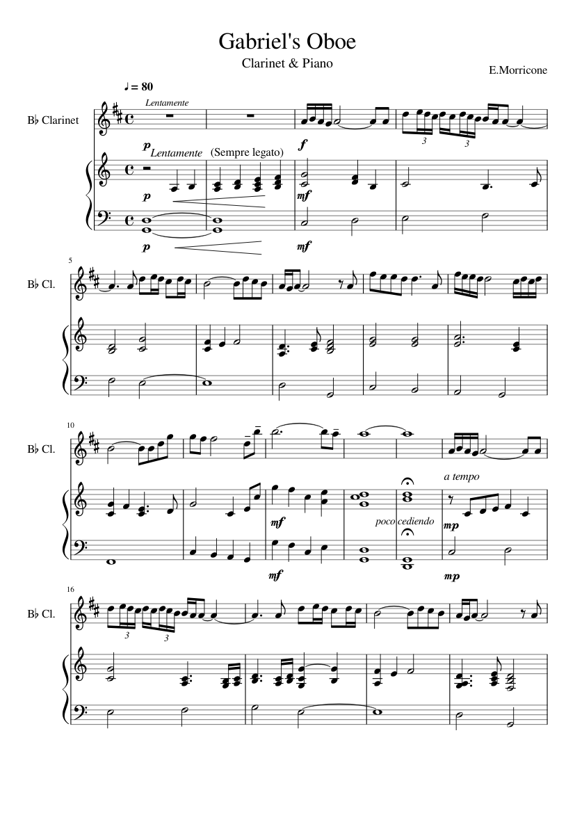 Gabriel's Oboe in Bb.Cla & Piano Sheet music for Piano, Clarinet in b-flat  (Solo) | Musescore.com