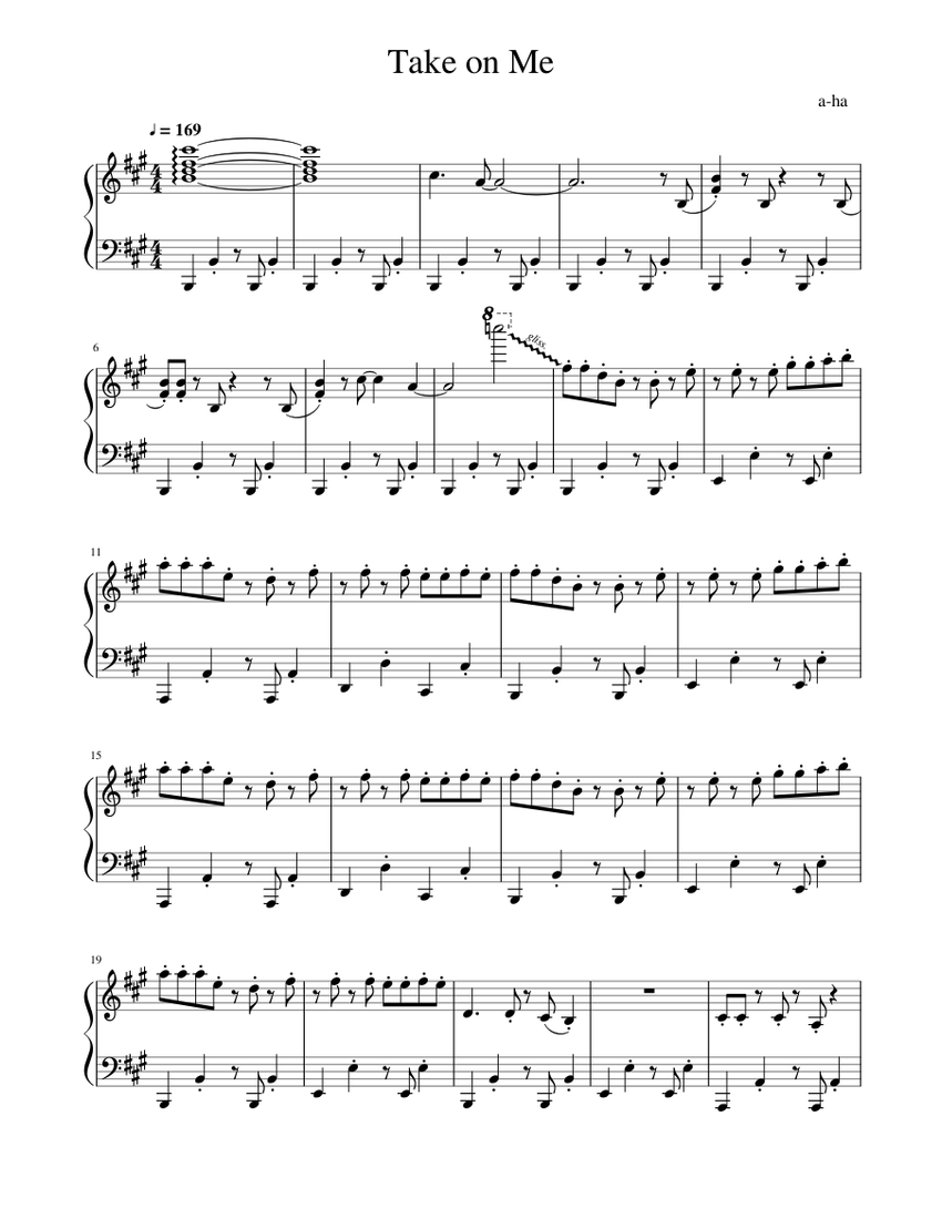 Take On Me A Ha Sheet Music For Piano Solo Musescore Com