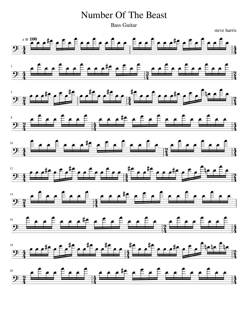 Iron Maiden-Number Of The Beast Bass Sheet Music Sheet music for Bass guitar  (Solo) | Musescore.com