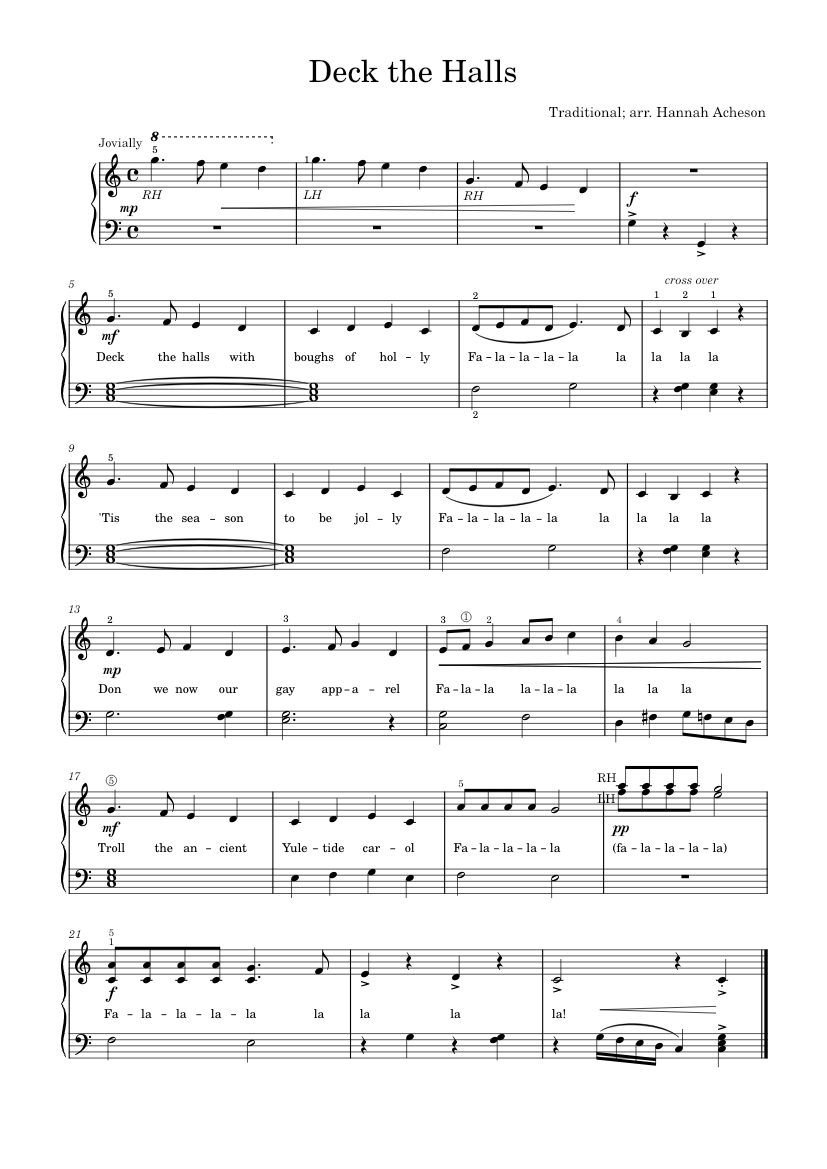DECK THE HALLS [easy piano sheet music, key of C] LEVEL 1, 2A Sheet