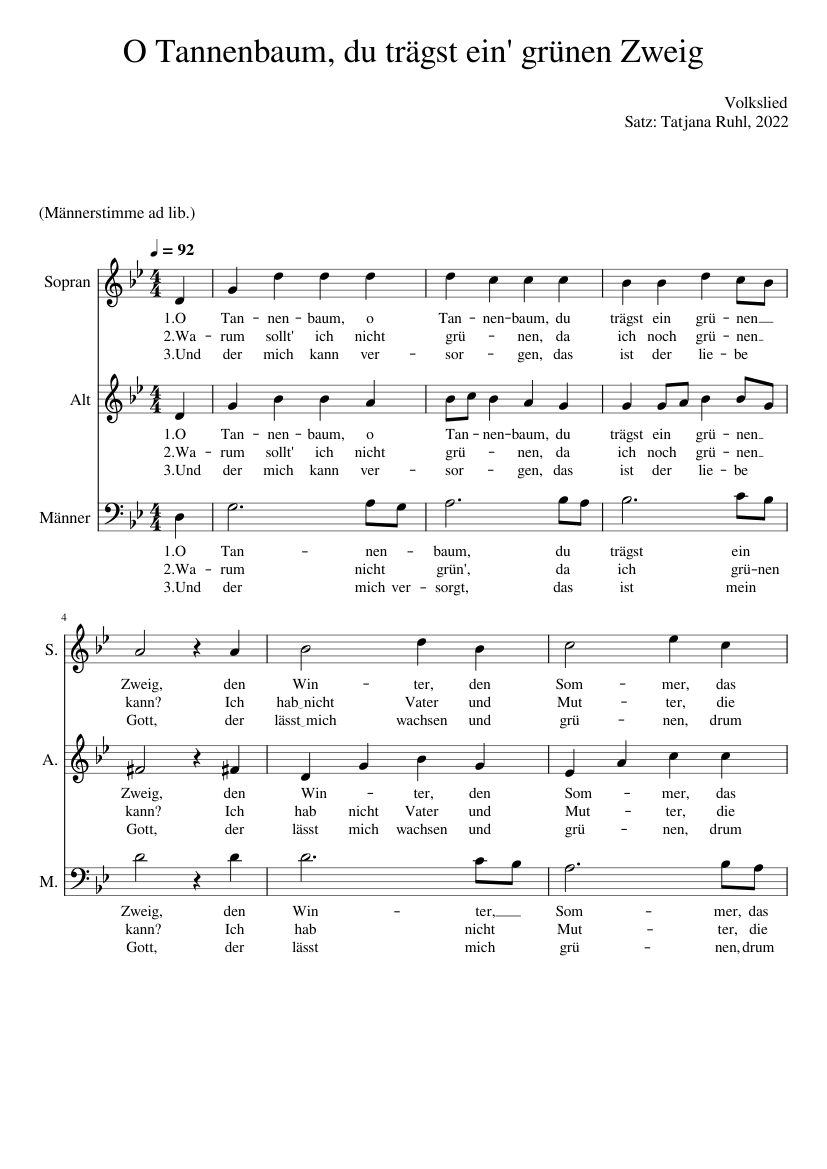 O Tannenbaum, du traegst ein' gruenen Zweig SAB (German Christmas Carol