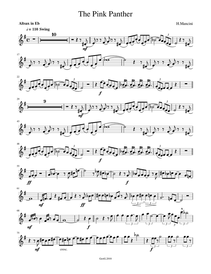 LA PANTHERE ROSE - partition saxophone alto - Niveau facile (saxes trio)