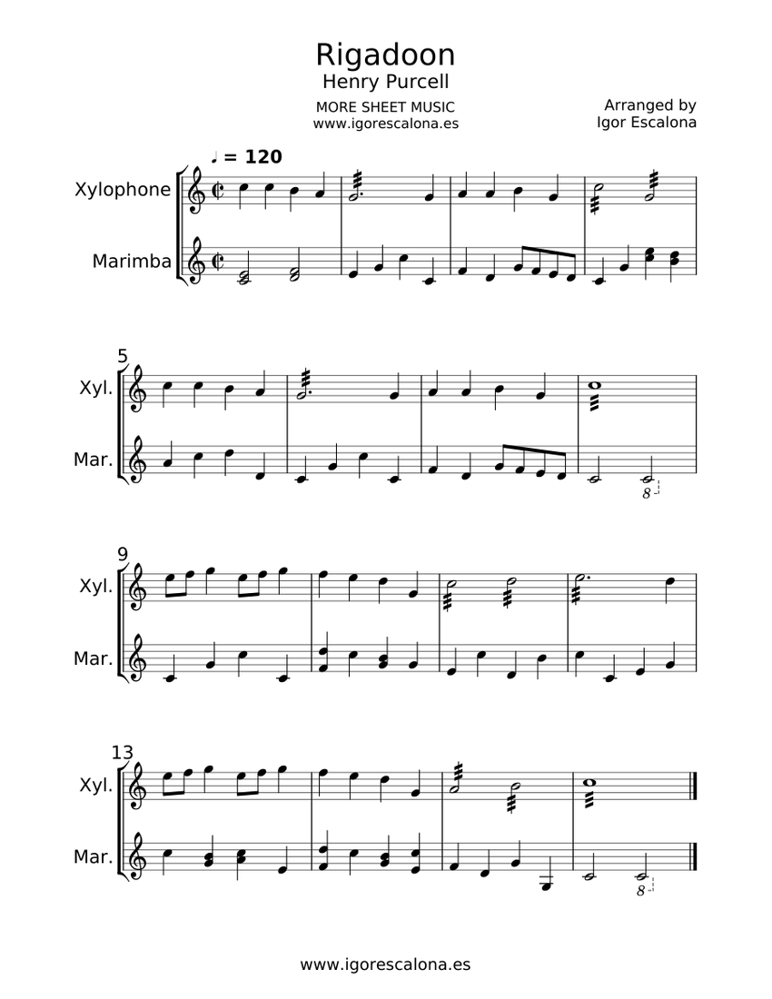Rigadoon | Henry Purcell | Mallet duet Sheet music for Marimba ...
