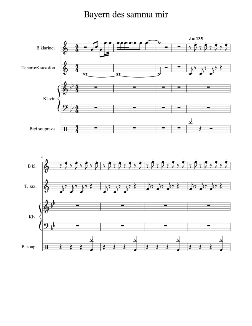 Bayern des samma mia Sheet music for Piano, Clarinet in b-flat, Saxophone  tenor, Drum group (Mixed Quartet) | Musescore.com