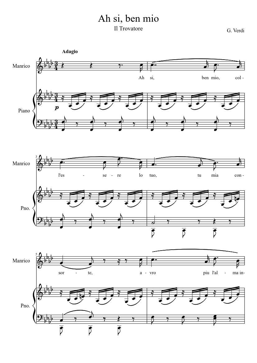Verdi, Il Trovatore: Ah, si ben mio Sheet Music for Piano (Solo