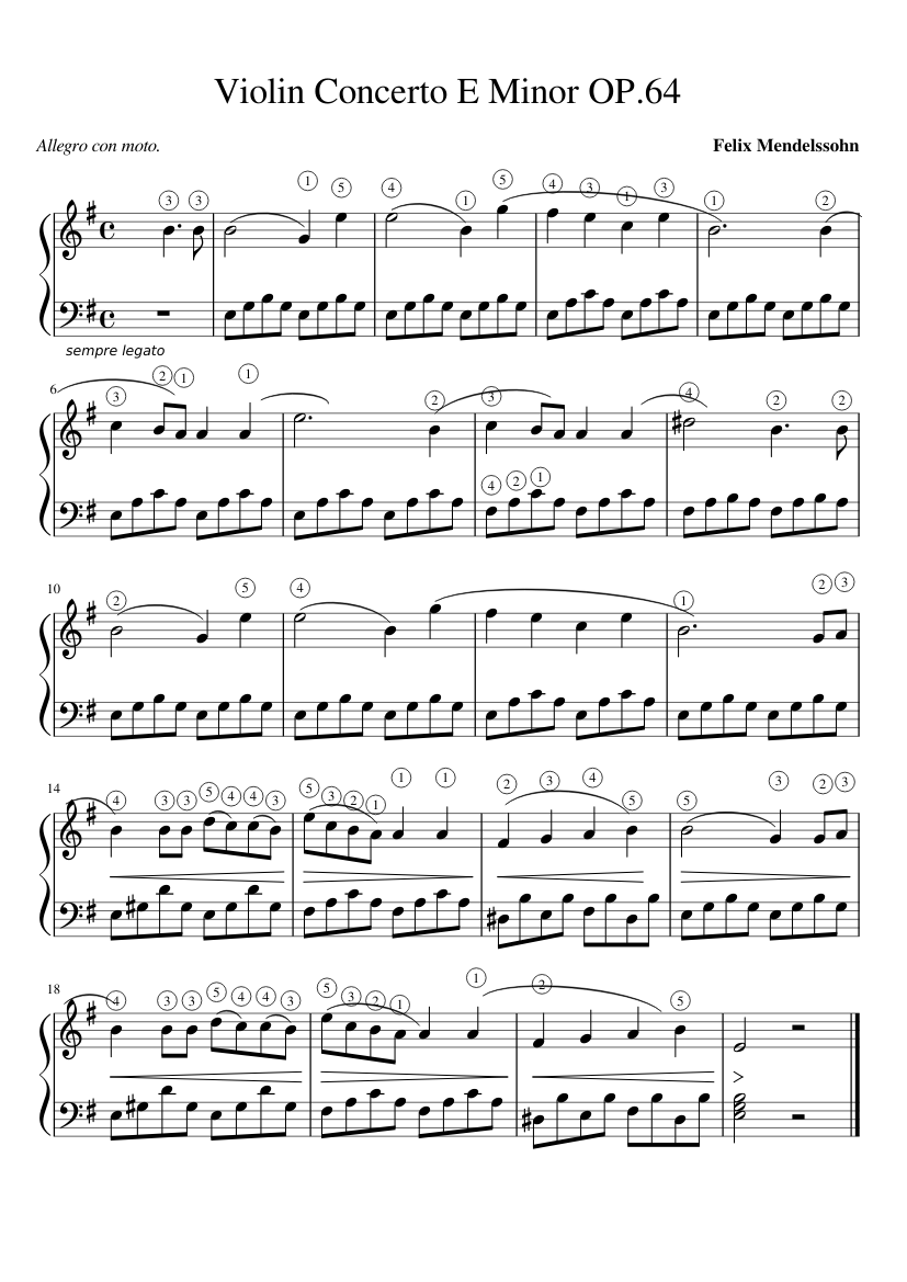 Violin Concerto E Minor OP.64 Sheet music for Piano (Solo) Easy ...
