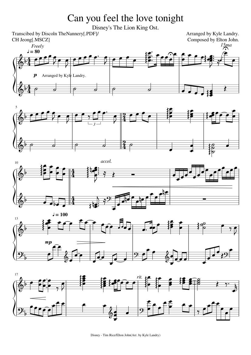 Can you feel the love tonight(Lion King) - Kyle Landry Sheet music for Piano  (Solo) | Musescore.com