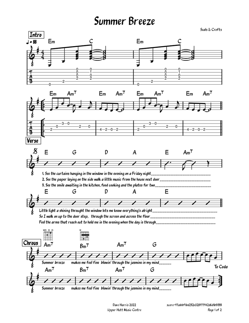 Summer breeze Seals & Crofts Sheet music for Guitar (Solo