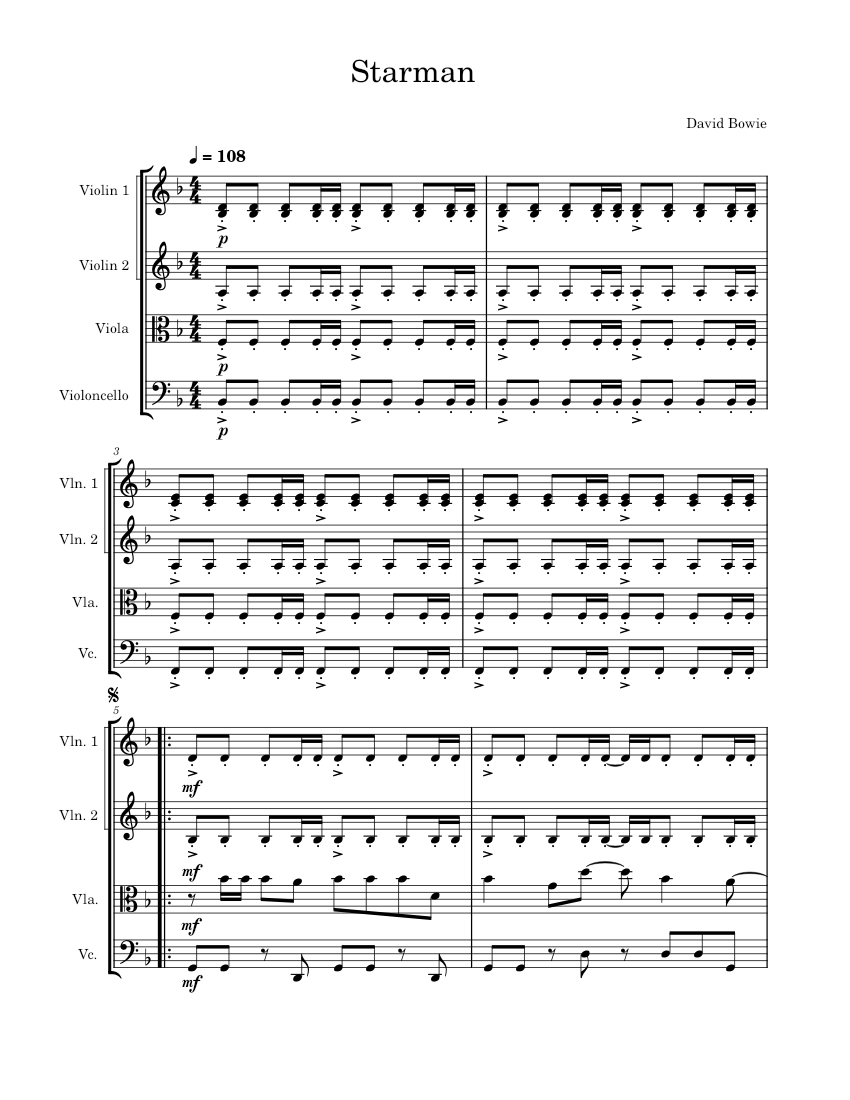 Starman Sheet music for Violin, Viola, Cello (String Quartet) |  Musescore.com