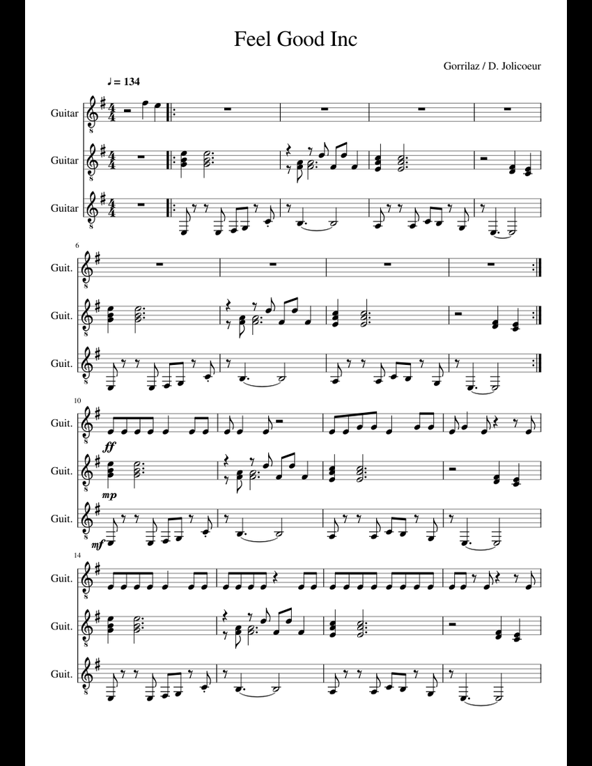 Feel Good Inc Sheet Music For Guitar (Mixed Trio) | Musescore.com